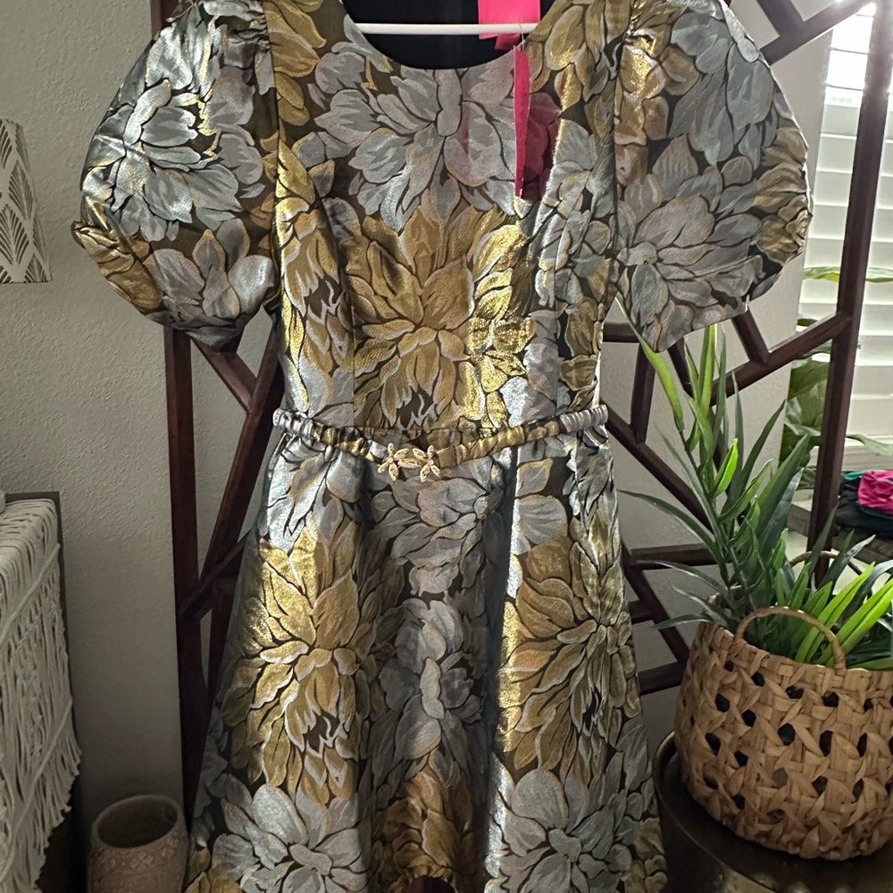 Lilly Pulitzer Priyanka Short Sleeve Dress, gold metallic peony parade brocade